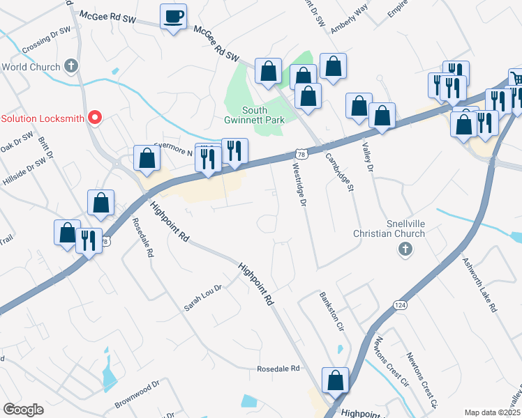 map of restaurants, bars, coffee shops, grocery stores, and more near 3042 Destin Circle in Snellville