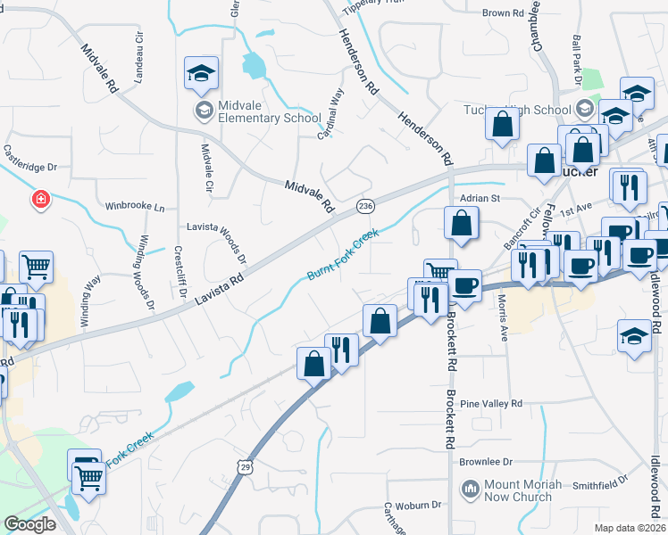 map of restaurants, bars, coffee shops, grocery stores, and more near 2270 Lavista Cove in Tucker