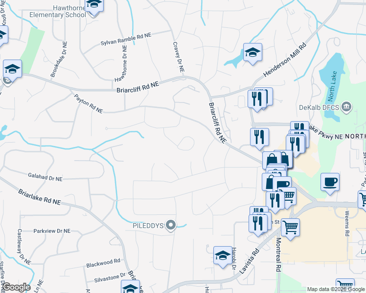 map of restaurants, bars, coffee shops, grocery stores, and more near 2215 Greencrest Drive Northeast in Atlanta
