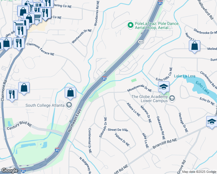 map of restaurants, bars, coffee shops, grocery stores, and more near 2300 Fisher Trail Northeast in Atlanta
