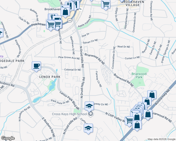 map of restaurants, bars, coffee shops, grocery stores, and more near 2262 Fairway Circle Northeast in Atlanta