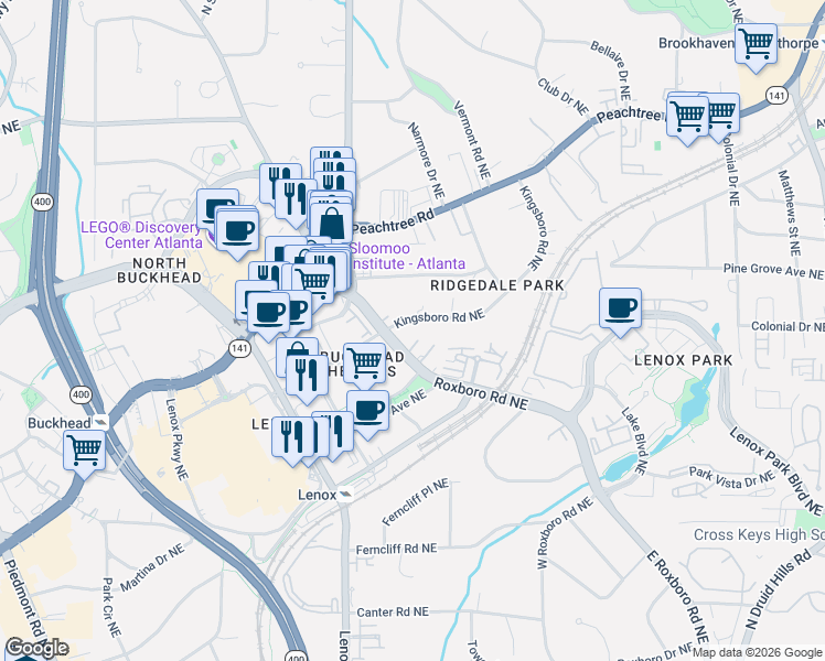 map of restaurants, bars, coffee shops, grocery stores, and more near 3511 Roxboro Road Northeast in Atlanta