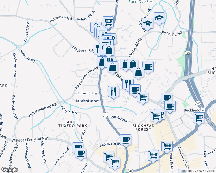 map of restaurants, bars, coffee shops, grocery stores, and more near 3463 Landen Pine Court NorthEast in Atlanta