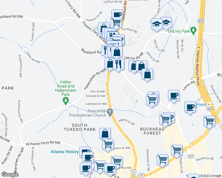 map of restaurants, bars, coffee shops, grocery stores, and more near 3501 Roswell Road Northeast in Atlanta