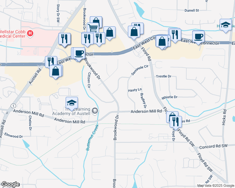 map of restaurants, bars, coffee shops, grocery stores, and more near 4201 Regal Ridge Road in Austell