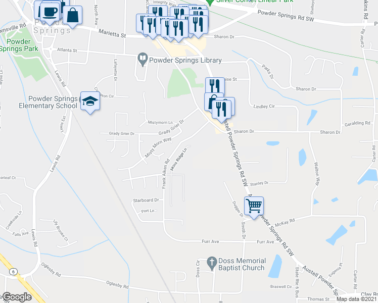 map of restaurants, bars, coffee shops, grocery stores, and more near 4228 Akins Ridge Lane in Powder Springs