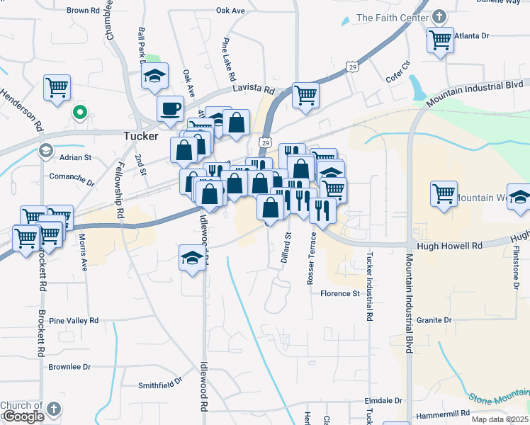 map of restaurants, bars, coffee shops, grocery stores, and more near 4351 Hugh Howell Road in Tucker