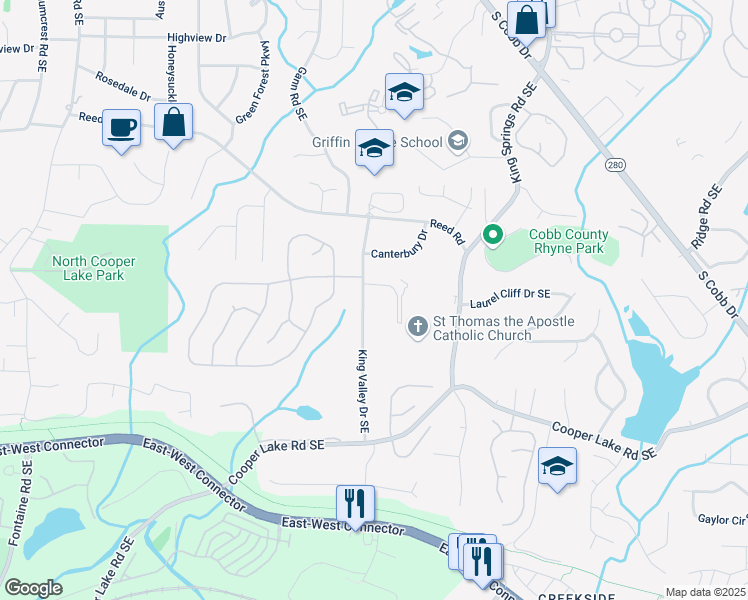 map of restaurants, bars, coffee shops, grocery stores, and more near 4241 King Valley Drive Southeast in Smyrna