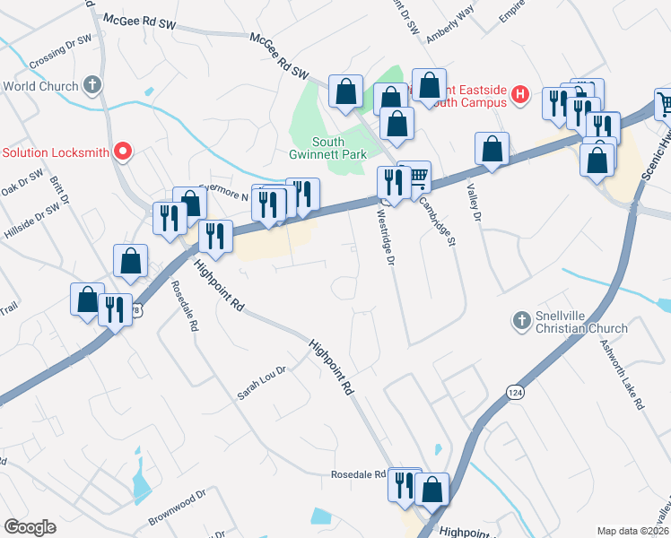 map of restaurants, bars, coffee shops, grocery stores, and more near 3042 Destin Circle in Snellville