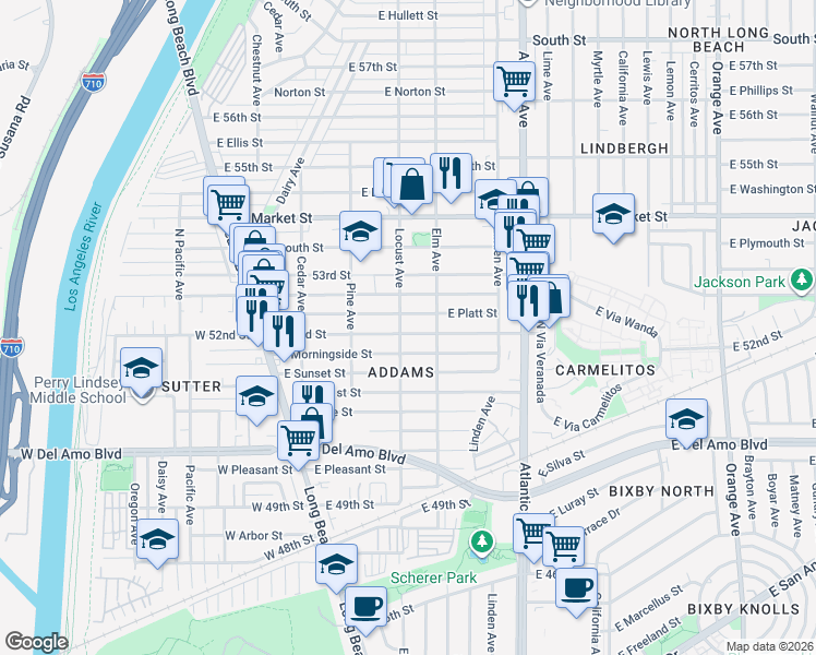 map of restaurants, bars, coffee shops, grocery stores, and more near 305 East 52nd Street in Long Beach
