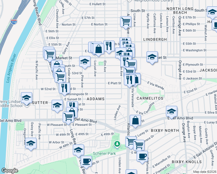 map of restaurants, bars, coffee shops, grocery stores, and more near 419 East 52nd Street in Long Beach