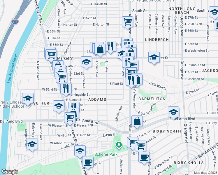 map of restaurants, bars, coffee shops, grocery stores, and more near 419 East 52nd Street in Long Beach