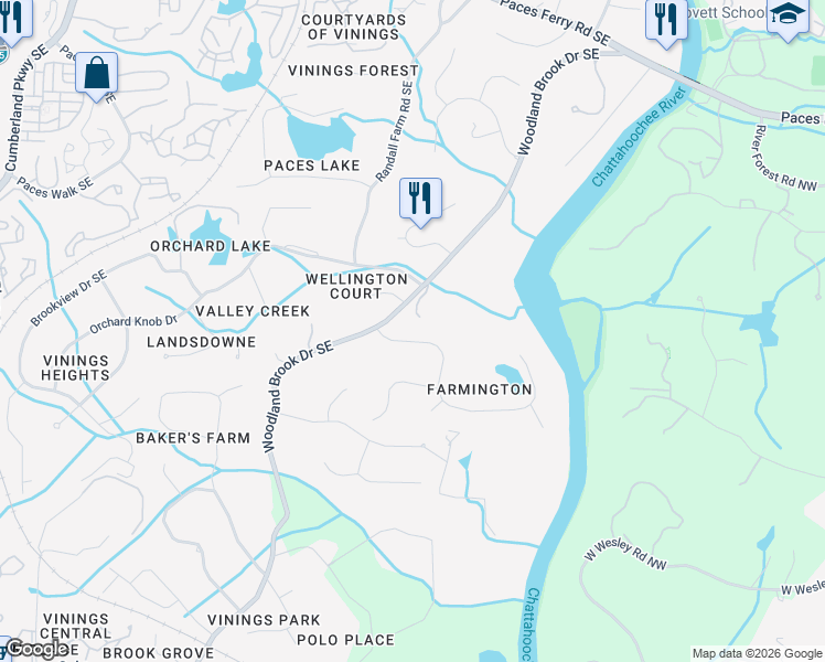 map of restaurants, bars, coffee shops, grocery stores, and more near 3035 Farmington Drive Southeast in Atlanta