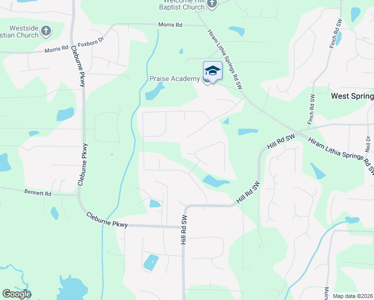map of restaurants, bars, coffee shops, grocery stores, and more near 5552 Racetrack Court in Powder Springs