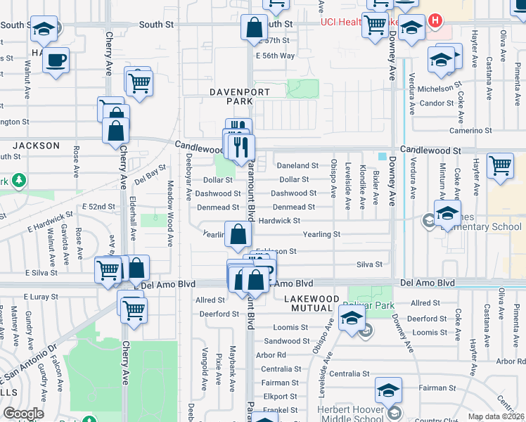 map of restaurants, bars, coffee shops, grocery stores, and more near 2712 Denmead Street in Lakewood