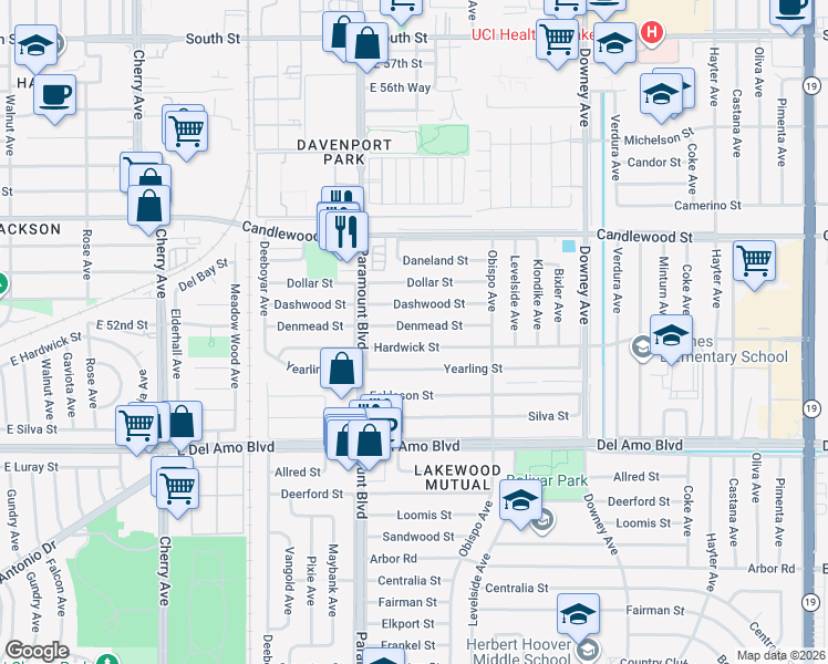map of restaurants, bars, coffee shops, grocery stores, and more near 2808 Denmead Street in Lakewood