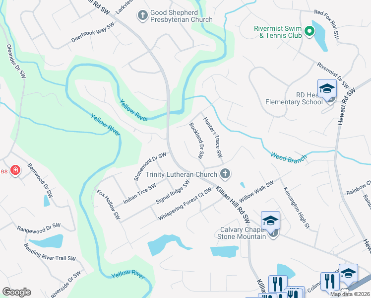 map of restaurants, bars, coffee shops, grocery stores, and more near 1725 Spindle Top Court Southwest in Lilburn