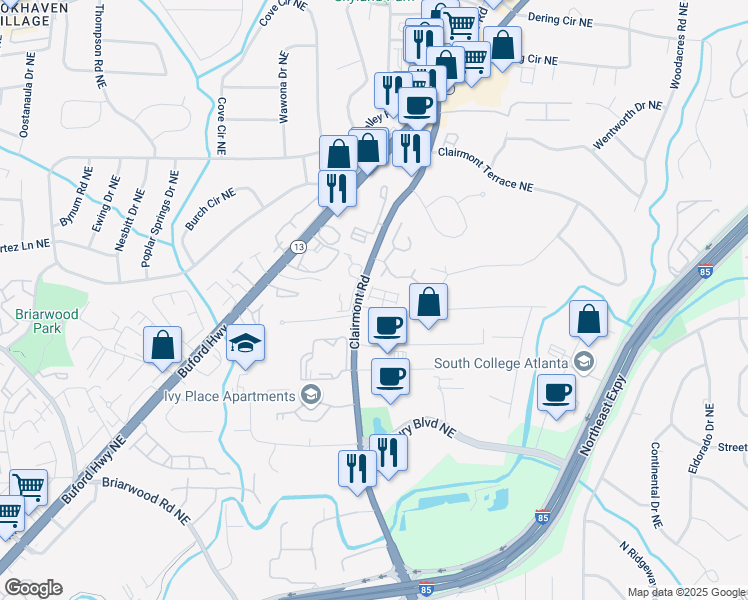 map of restaurants, bars, coffee shops, grocery stores, and more near 1813 Hislop Lane in Atlanta