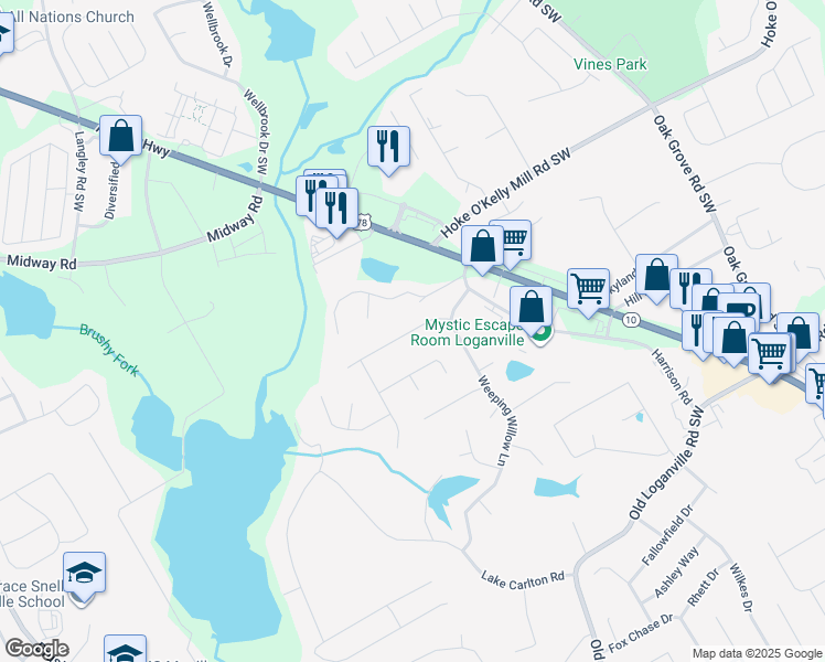map of restaurants, bars, coffee shops, grocery stores, and more near Weeping Willow Drive in Loganville