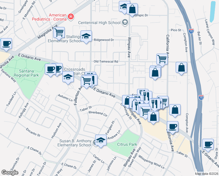 map of restaurants, bars, coffee shops, grocery stores, and more near 2217 Yale Circle in Corona