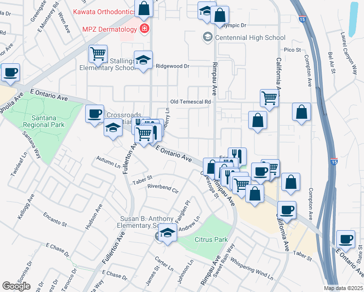 map of restaurants, bars, coffee shops, grocery stores, and more near 2217 Yale Circle in Corona