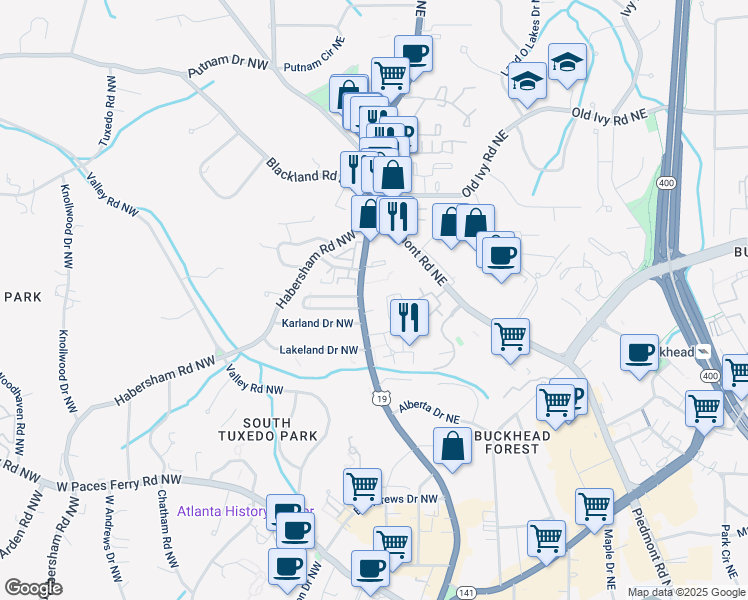 map of restaurants, bars, coffee shops, grocery stores, and more near 3491 U.S. 19 in Atlanta