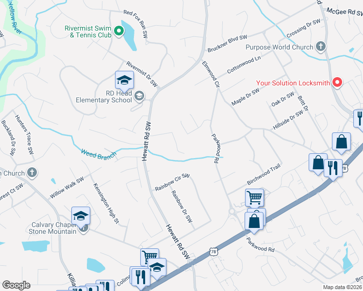 map of restaurants, bars, coffee shops, grocery stores, and more near 3628 Kelin Court Southwest in Lilburn