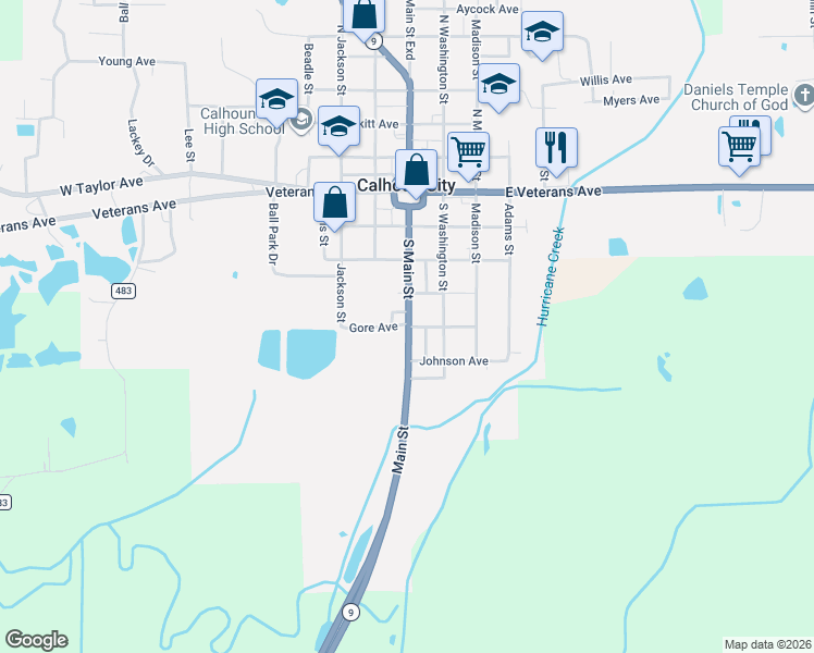 map of restaurants, bars, coffee shops, grocery stores, and more near Main Street in Calhoun City