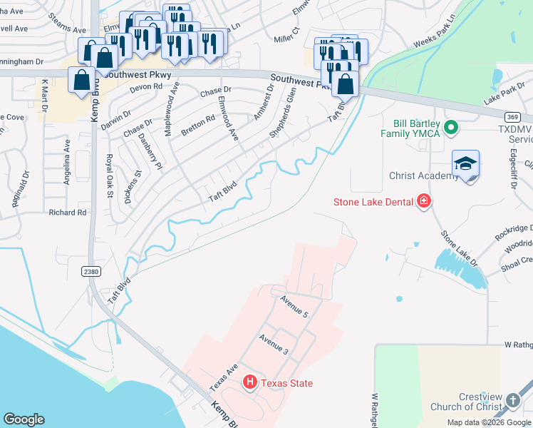 map of restaurants, bars, coffee shops, grocery stores, and more near 2941 South Shepherds Glen in Wichita Falls