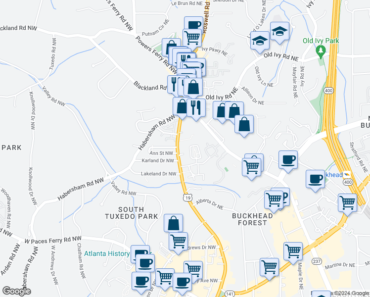 map of restaurants, bars, coffee shops, grocery stores, and more near 3501 Roswell Road Northeast in Atlanta