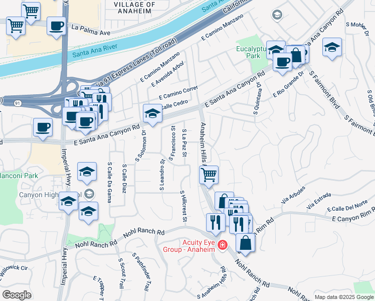 map of restaurants, bars, coffee shops, grocery stores, and more near 6008 East La Paz Circle in Anaheim