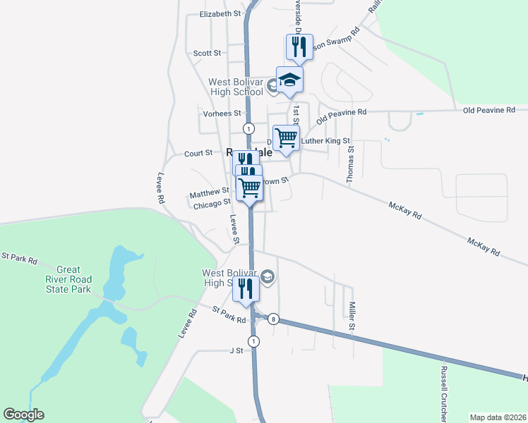 map of restaurants, bars, coffee shops, grocery stores, and more near Madison Street in Rosedale