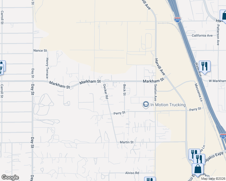 map of restaurants, bars, coffee shops, grocery stores, and more near 18590 Decker Road in Perris