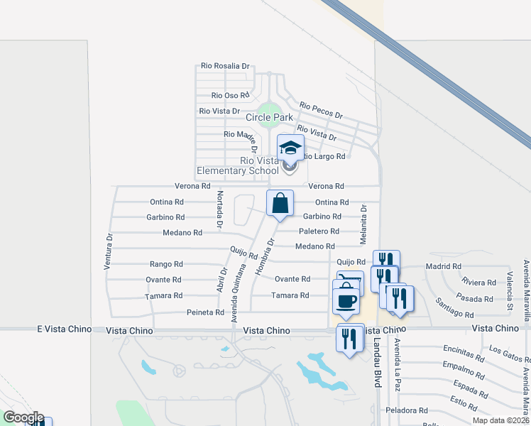 map of restaurants, bars, coffee shops, grocery stores, and more near Avenida Quintana & Shadowcrest Lane in Cathedral City