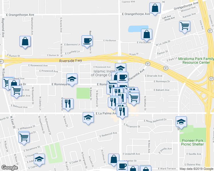map of restaurants, bars, coffee shops, grocery stores, and more near 1836 East Romneya Drive in Anaheim