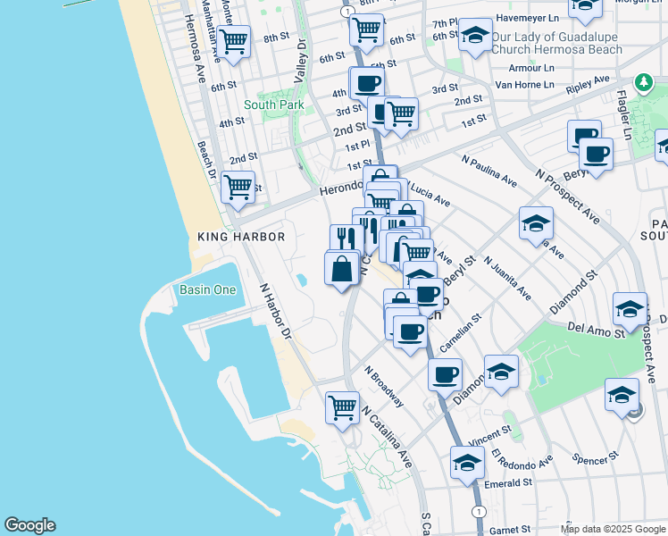 map of restaurants, bars, coffee shops, grocery stores, and more near 777 N Francisca Ave in Redondo Beach