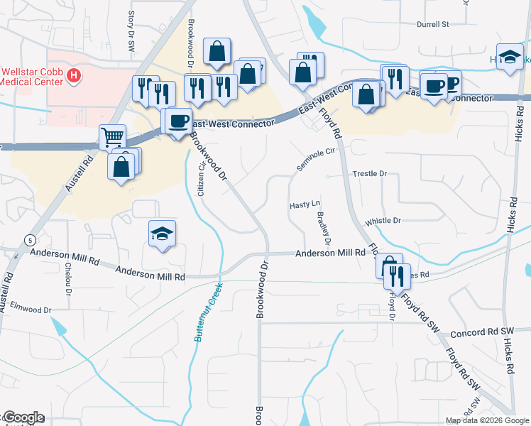 map of restaurants, bars, coffee shops, grocery stores, and more near 4234 Seminole Circle in Austell