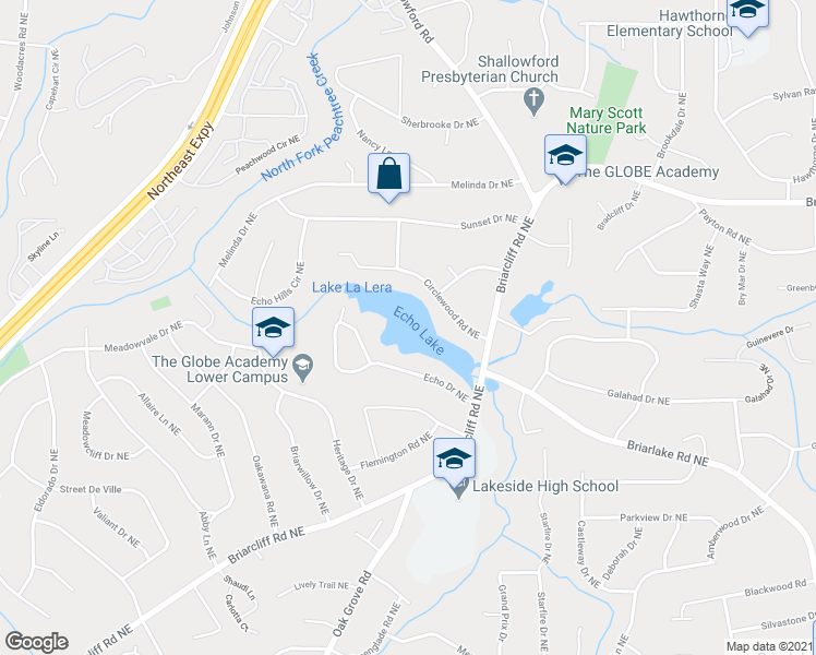 map of restaurants, bars, coffee shops, grocery stores, and more near 3930 Briarcliff Road Northeast in Atlanta