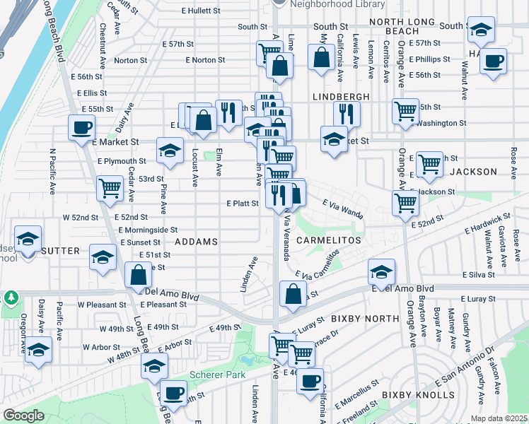 map of restaurants, bars, coffee shops, grocery stores, and more near in Long Beach
