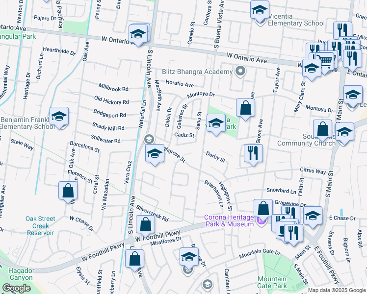 map of restaurants, bars, coffee shops, grocery stores, and more near 948 Harbor Street in Corona