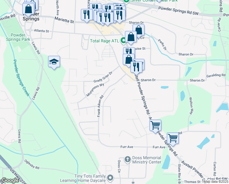 map of restaurants, bars, coffee shops, grocery stores, and more near 4228 Akins Ridge Lane in Powder Springs