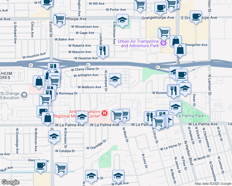 map of restaurants, bars, coffee shops, grocery stores, and more near 1116 W Romneya Dr in Anaheim