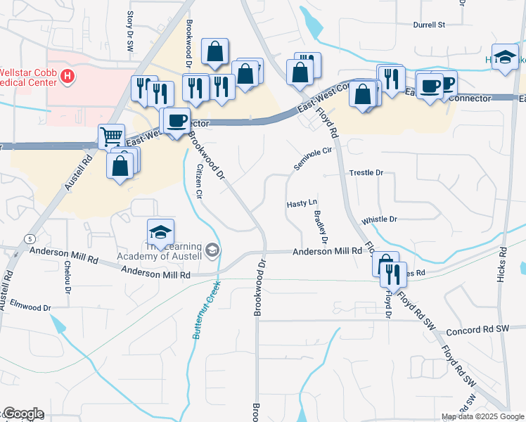map of restaurants, bars, coffee shops, grocery stores, and more near 4201 Regal Ridge Road in Austell