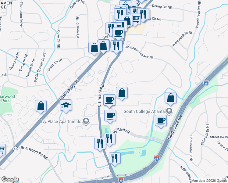 map of restaurants, bars, coffee shops, grocery stores, and more near 3151 Rutter Drive in Atlanta