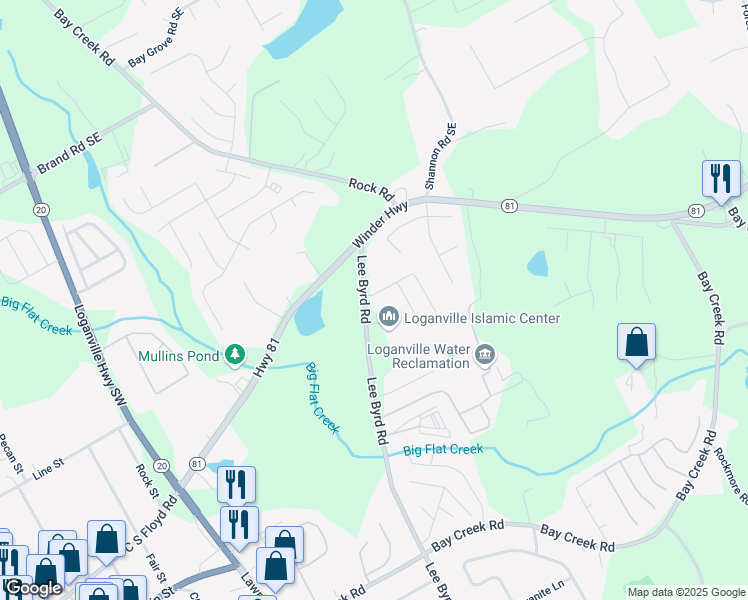 map of restaurants, bars, coffee shops, grocery stores, and more near 200 Birchwood Drive in Loganville