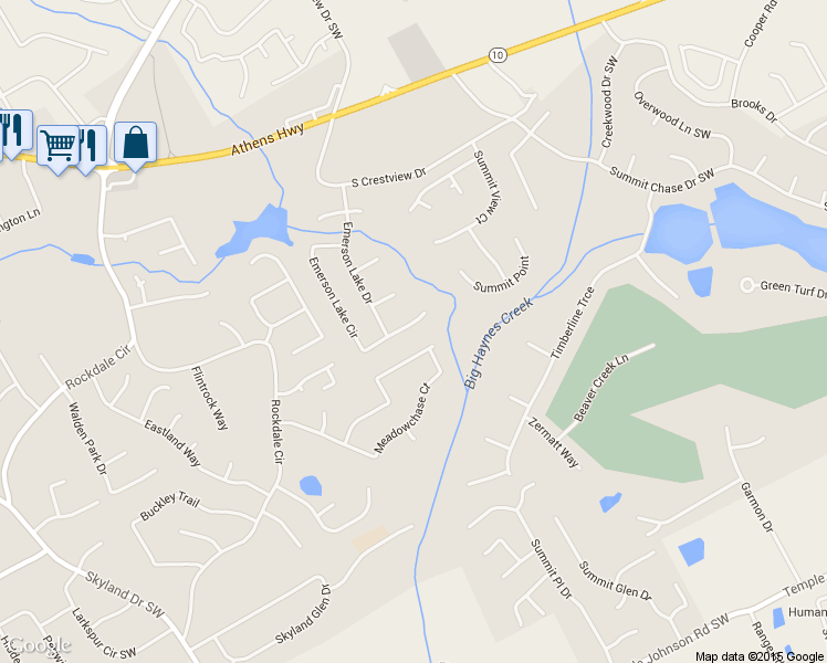 map of restaurants, bars, coffee shops, grocery stores, and more near 1977 Emerson Lake Circle in Snellville