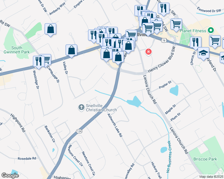map of restaurants, bars, coffee shops, grocery stores, and more near 2429 Scenic Highway South in Snellville