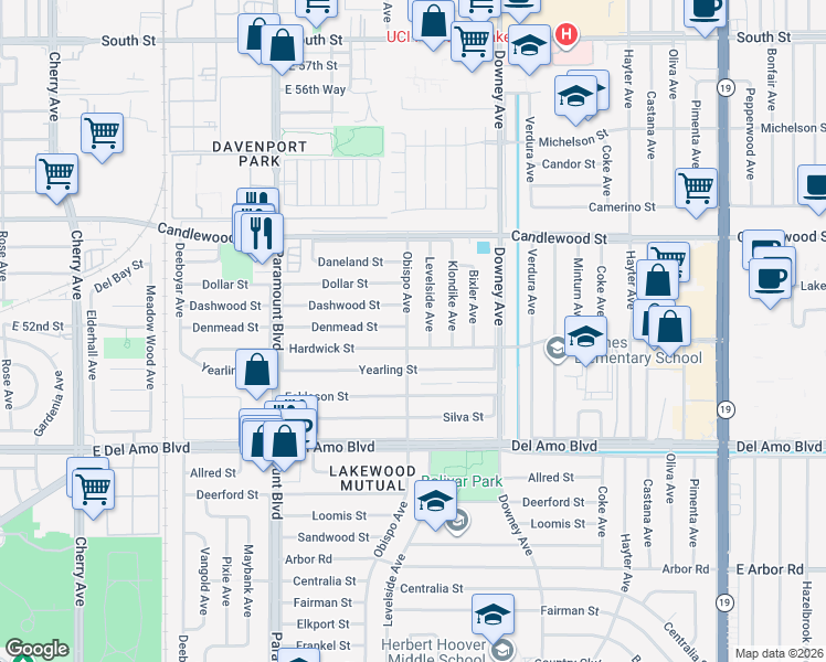 map of restaurants, bars, coffee shops, grocery stores, and more near 5116 Obispo Avenue in Lakewood