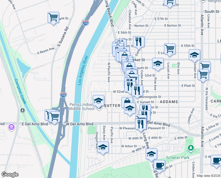map of restaurants, bars, coffee shops, grocery stores, and more near 5210 Pacific Avenue in Long Beach