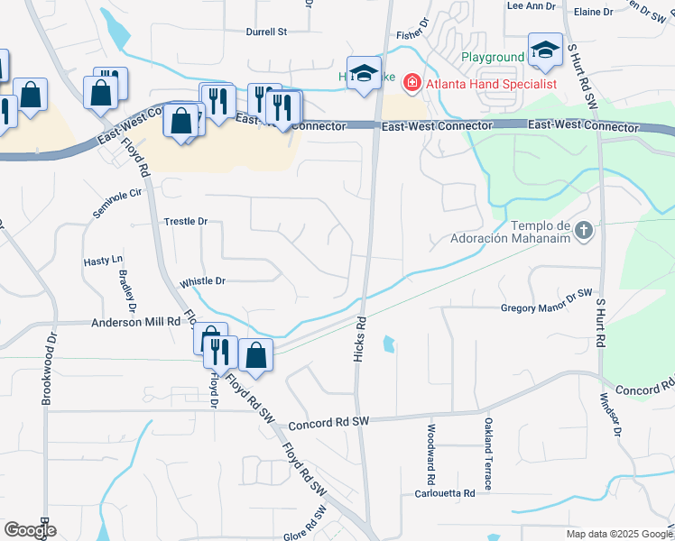 map of restaurants, bars, coffee shops, grocery stores, and more near 895 Tyrell Drive in Austell